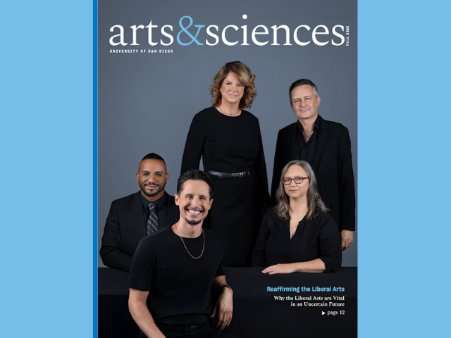 photo of the Greg Prieto, Noelle Norton, Maren Mossman, Brian Clack and Jersten Seraile representing the College of Arts and Sciencest hat is the cover of the Fall 2025 Arts & Sciences magazine