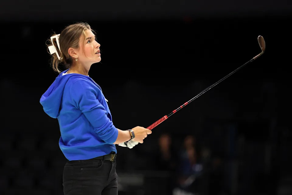PALM BEACH GARDENS, FLORIDA - JANUARY 27: Kai Trump plays a shot before the TGL presented by SoFi match between the Jupiter Links Golf Club and Boston Common Golf at SoFi Center on January 27, 2025 in Palm Beach Gardens, Florida. (Photo by Megan Briggs/TGL/TGL via Getty Images)Megan Briggs&sol;TGL&sol;Getty Images