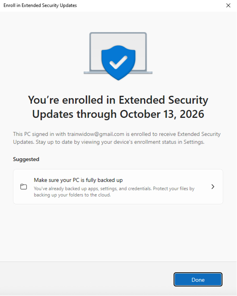 This confirms you've enrolled in ESU through October next year. (Screenshot/Engadget)