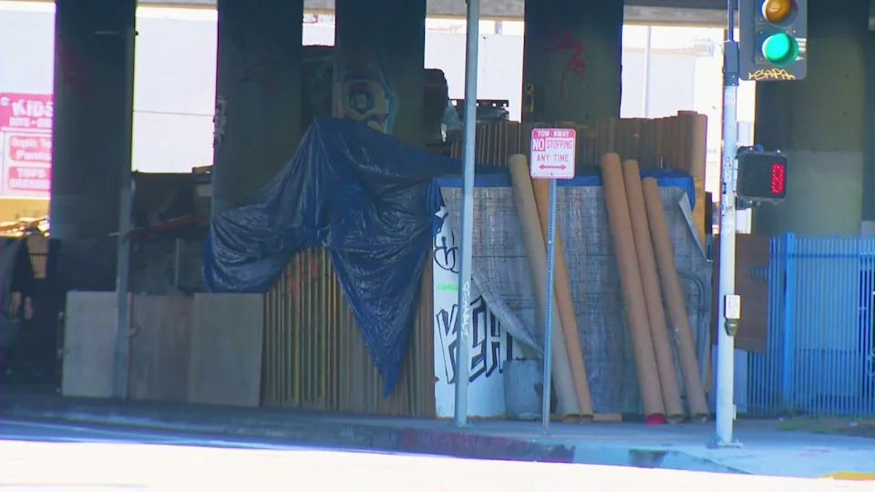 A structure that has gone viral on social media, nicknamed “The Mansion” due to its large, sturdy construction, abundant furniture and home-like setup. (KTLA)