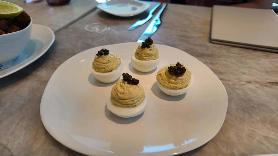 Deviled Eggs with caviar at Mirador in Dallas on Oct. 14, 2025. This menu item will be available at Cafe Mirador in Forty Five Ten Boutique in Fort Worth.
