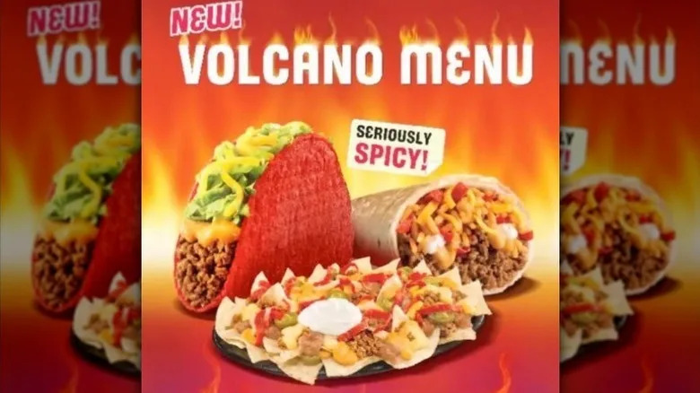 Volcano menu image featuring a taco, a burrito, and plate of nachos