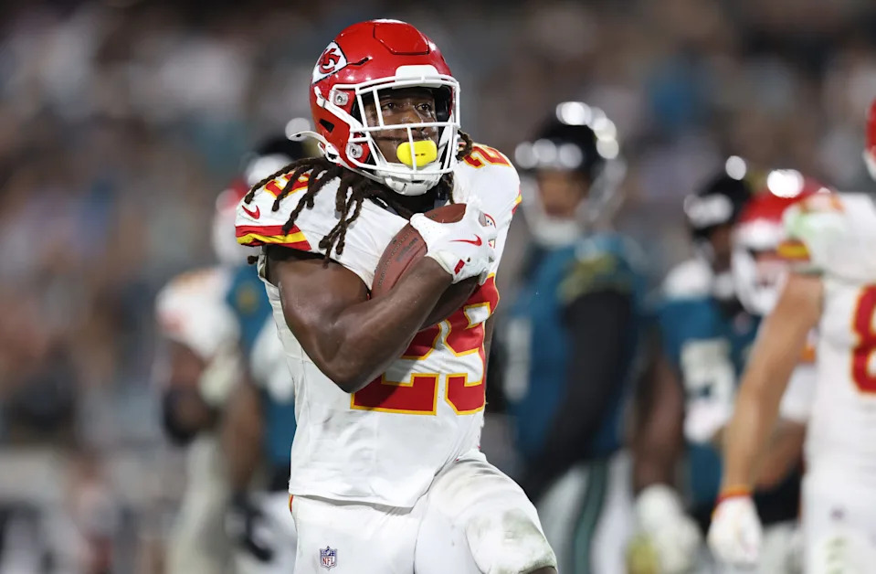 Oct 6, 2025; Jacksonville, Florida, USA; Kansas City Chiefs running back Kareem Hunt (29) scores a touchdown during the second half against the Jacksonville Jaguars at EverBank Stadium. Mandatory Credit: Morgan Tencza-Imagn Images