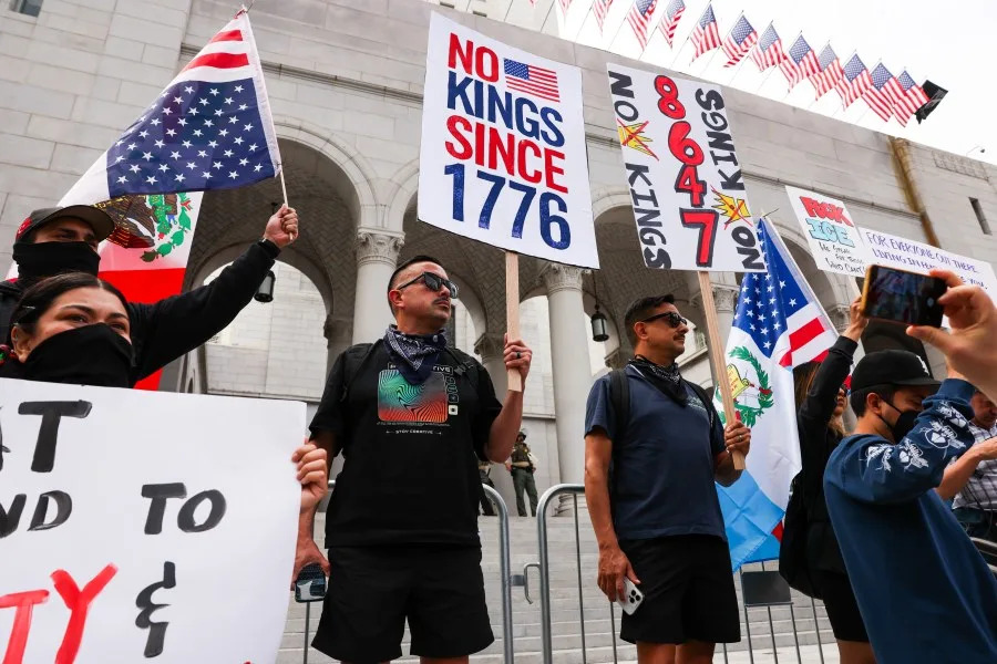 LOS ANGELES- JUNE 14: Thousands of protesters gather in downtown Los Angeles for an anti-Trump “No Kings Day” demonstration in a city that has been the focus of protests against Trump’s immigration raids on June 14, 2025 in Los Angeles, California. Hundreds of marches and protests against the Trump administration and its policies are happening across the United States today. Protesters are also reacting in opposition to a planned military parade celebrating the 250th anniversary of the U.S. Army that is taking place in Washington, DC and which coincides with President Trump’s birthday. (Photo by Spencer Platt/Getty Images)