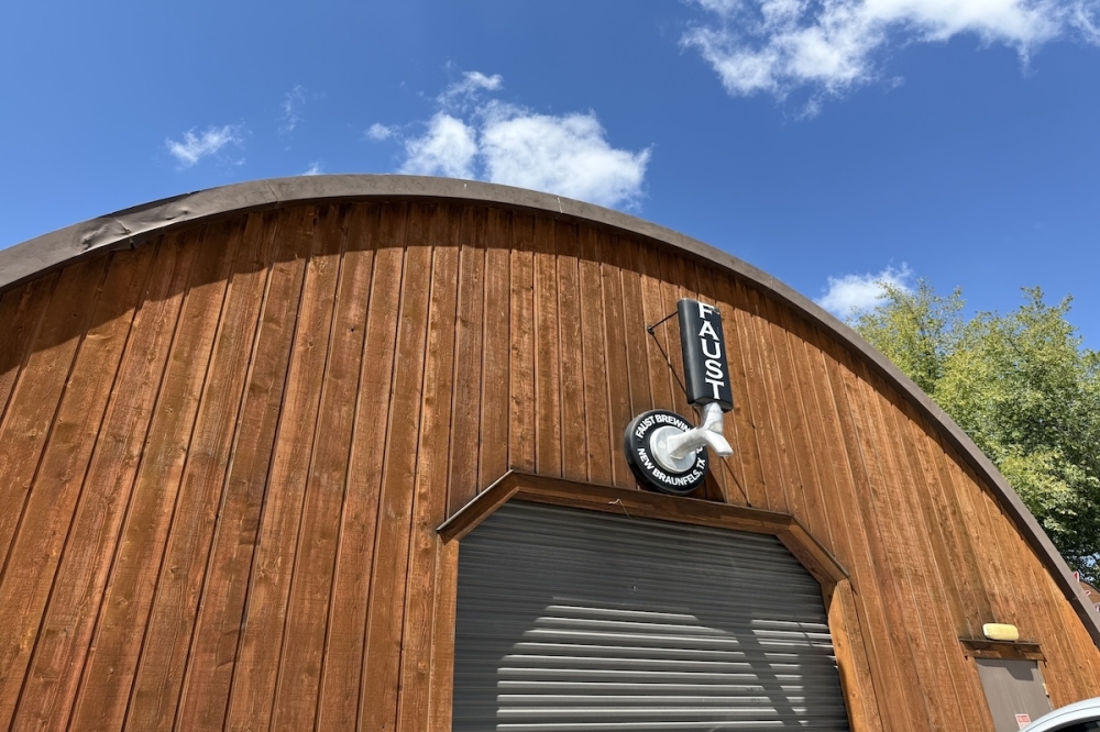 The exterior of a brewery is seen on a sunny day in New Braunfels, Texas.