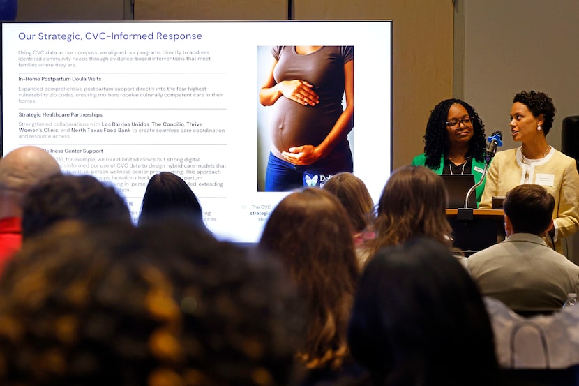 Sasha Kehoe of Delighted to Doula (right) speaks as Prinscilla Moore, CEO and founder of...