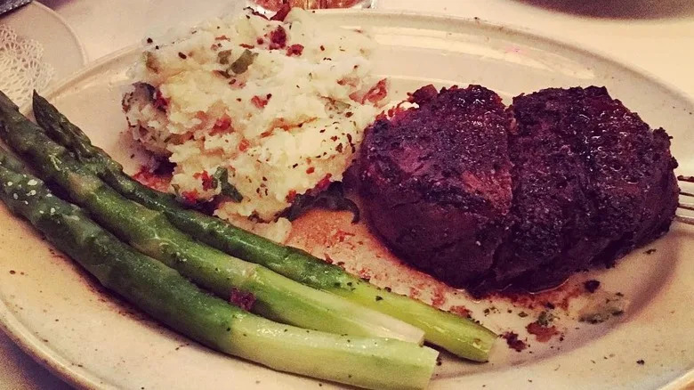 Steak, asparagus, and mash from Pappas Bros Steakhouse Dallas