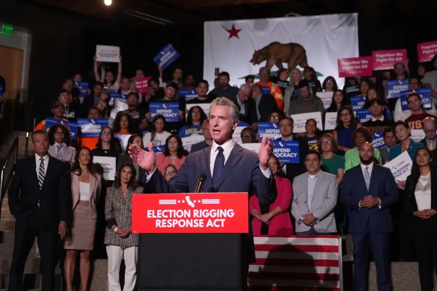 California Gov. Gavin Newsom speaks during a news conference Thursday, Aug. 14, 2025, in Los Angeles. (AP Photo/Marcio Jose Sanchez)