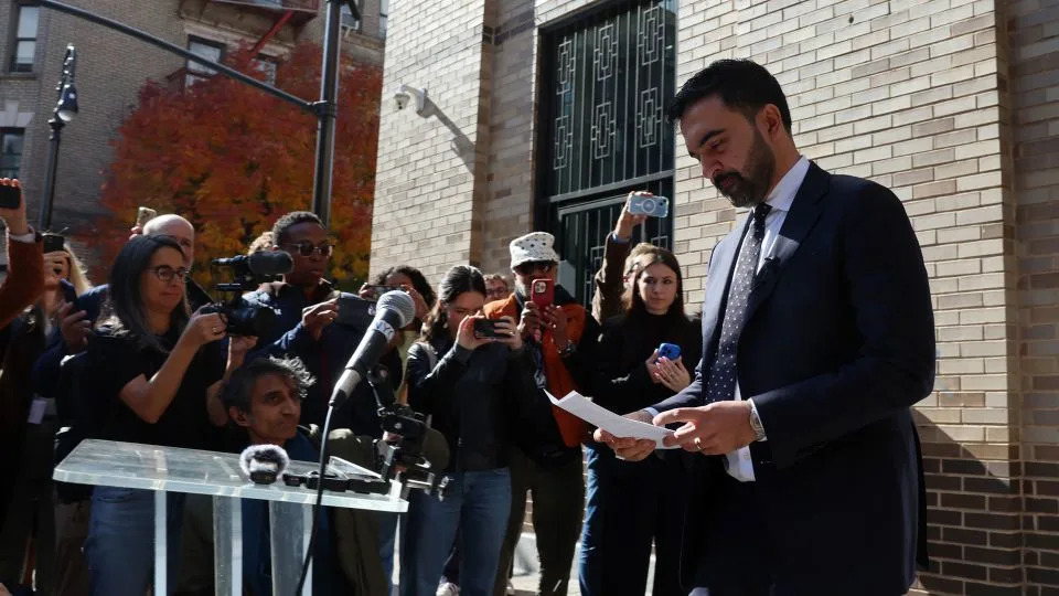 Zohran Mamdani speaks outside the Islamic Cultural Center of the Bronx in New York on October 24, 2025. - Spencer Platt/Getty Images