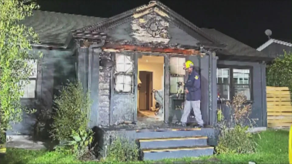A young family remains terrified after two arsonists set their home in the West Adams neighborhood of South Los Angeles on fire in the middle of the night on Oct. 30, 2025. (KTLA)