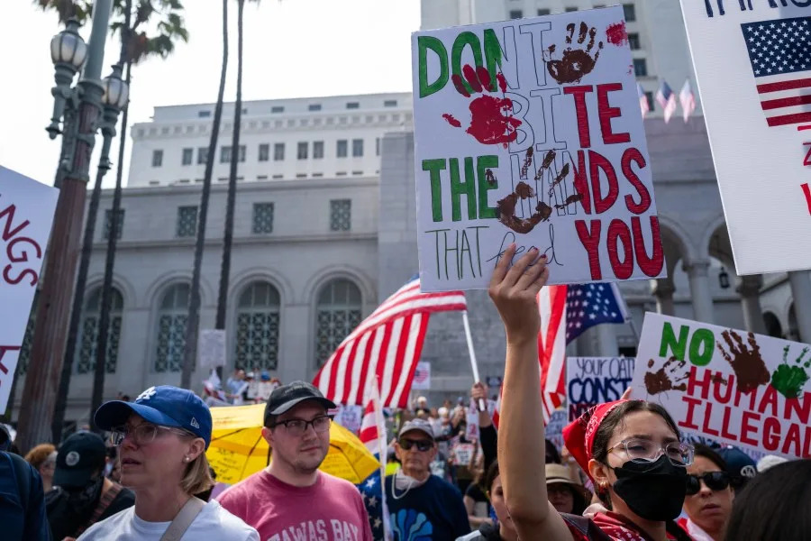 LOS ANGELES- JUNE 14: Protesters gather in downtown Los Angeles for an anti-Trump “No Kings Day” demonstration in a city that has been the focus of protests against Trump’s immigration raids on June 14, 2025 in Los Angeles, California. Hundreds of marches and protests against the Trump administration and its policies are happening across the United States today. Protesters are also reacting in opposition to a planned military parade celebrating the 250th anniversary of the U.S. Army that is taking place in Washington, DC and which coincides with President Trump’s birthday. (Photo by Spencer Platt/Getty Images)