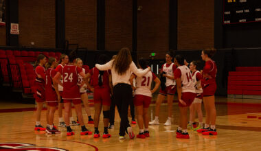 Redhawks in a team huddle during practice.