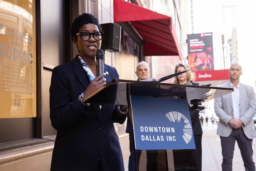 Dallas City Manager Kimberly Bizor Tolbert speaks during a Downtown Dallas Inc. press...