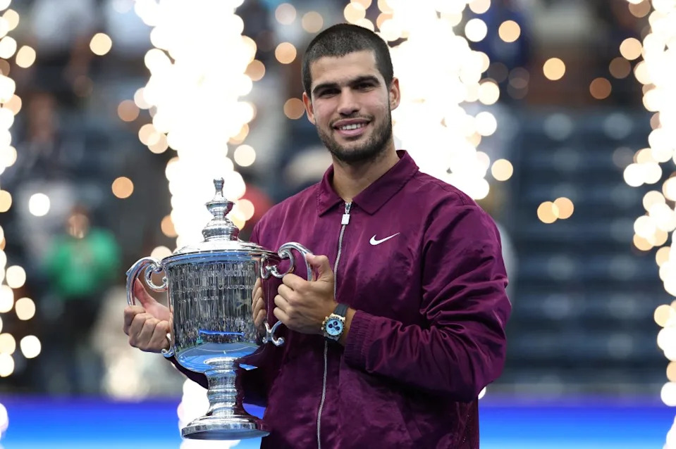 The model attended the trophy presentation after Alcaraz beat Sinner in four sets to win the 2025 US Open. REUTERS