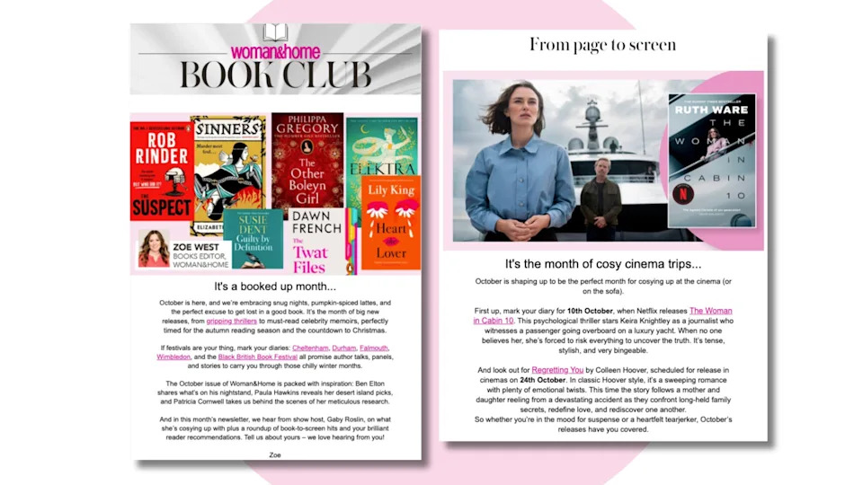 A screenshot of the woman&home book club newsletter