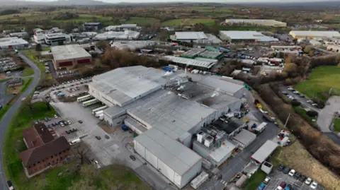 Google Birds eye view of Oscar Mayer factory at an industrial site in Wrexham. Car parks can be seen dotted around the large site, along with other warehouse buildings. Green hills can be seen in the far background.
