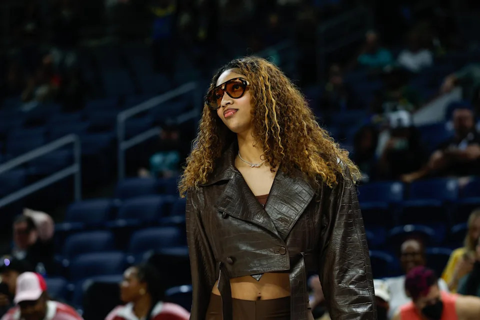 Sep 11, 2025; Chicago, Illinois, USA; Injured Chicago Sky forward Angel Reese (5) stands on the sidelines before a WNBA game against the New York Liberty at Wintrust Arena. Mandatory Credit: Kamil Krzaczynski-Imagn Images© Kamil Krzaczynski-Imagn Images