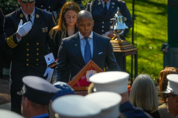New York City Mayor Eric Adams is pictured at the FDNY's annual Memorial Day Ceremony to honor FDNY members who have died in the previous year at the Riverside Park Firemen's Monument on Wednesday, Oct. 11, 2023. (Michael Appleton / Mayoral Photography Office)