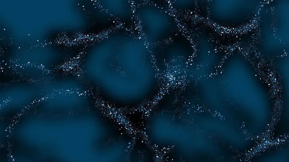A series of blue sparkling webs create a tangle of threads across a dark blue background, symbolizing dark matter in the universe. .