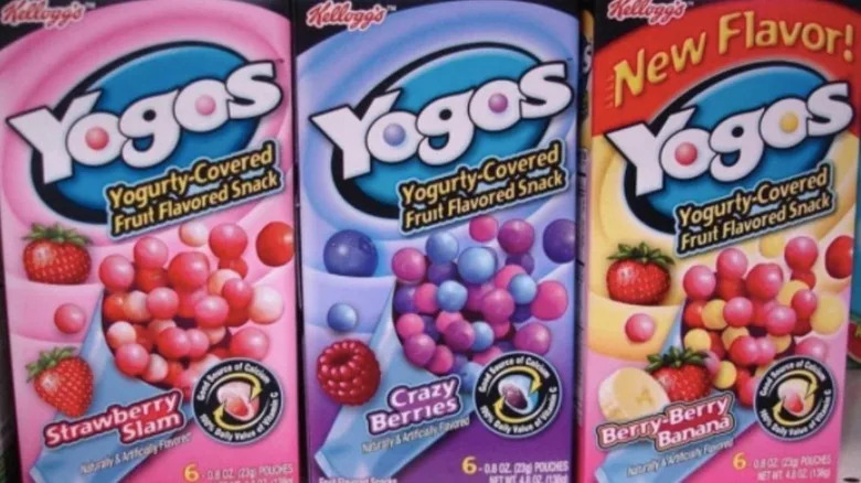 closeup of Strawberry Slam, Crazy Berries, and Berry-Berry Banana Yogos boxes