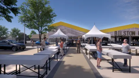 Greig & Stephenson Architects A computer-generated image shows five people standing near white tables in the foreground. In the background, the wavy-shaped canopy is yellow and the word 'Bilston' is below it on the right-hand side.