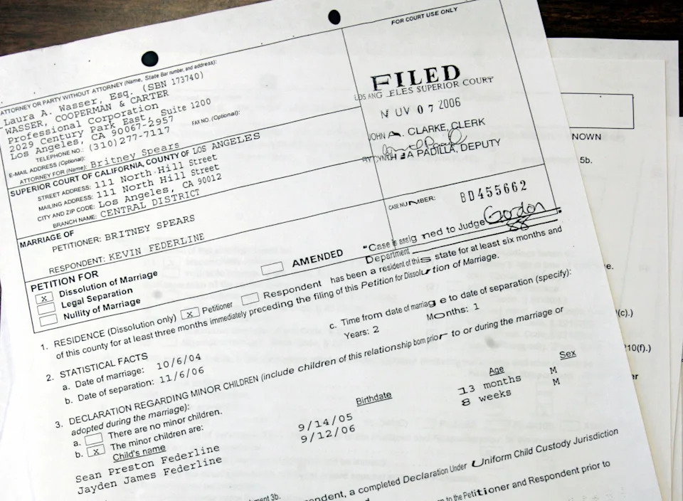 LOS ANGELES - NOVEMBER 7:  Divorce papers show that Britney Spears has filed for divorce from Kevin Federline in Los Angeles Superior Court November 7, 2006 in Los Angeles, California. Spears filed for divorce on November 7 and is seeking custody of their two children Sean Preston, 1, and Jayden James, 2 months. (Photo by J. Emilio Flores/Getty Images)