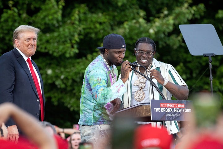Donald Trump was endorsed by rappers Sheff G (right) and Sleepy Hallow (left) during a May 2024 campaign rally in the South Bronx.