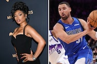 Megan Thee Stallion (left) and Mavericks guard Klay Thompson (right). Photos taken by The...