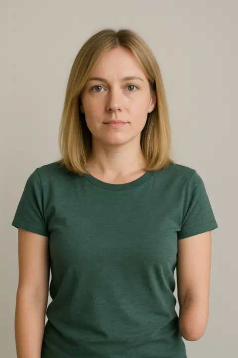 Jessica Smith AI image of a woman with shoulder length blonde hair, a green tshirt and left arm missing from below the elbow