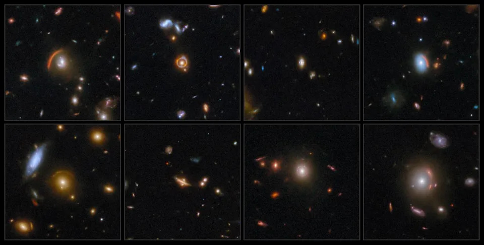  A collage of eight Webb images of gravitational lensing are shown. Each of the images show various distorted galaxies in the centre of each frame, including arcs and circular shapes. 