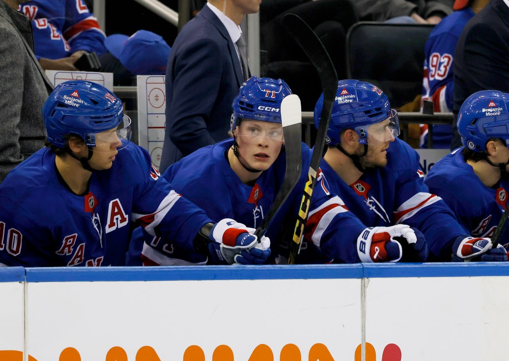 Juuso Parssinen #71 of the New York Rangers on the bench during third period. The New York Rangers defeat the Nashville Predators 4-0.