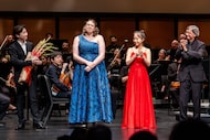 Guest conductor Peter Bay (right) applauds winners of the Dallas Chamber Symphony's 2025...