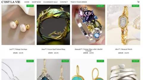 C'est La Vie Eight images of jewellery, from gold and pearl vintage earrings, a green opal ring and a vintage ring with colourful crystals