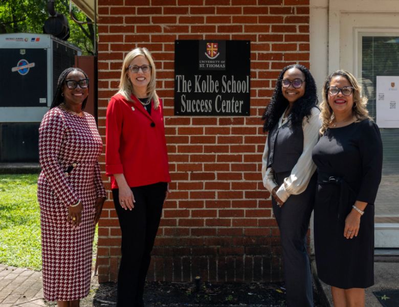 left to right) Dr. Nicole Walters, Dean of the Kolbe School of Innovation and Professional Studies, Dr. Sinda Vanderpool, UST President, Ms. Danita Wadley M.A., Chief Strategic Officer, Volunteers of America Texas, and Dr. Nicole Landry, UST Associate Dean, Graduate Education, celebrated the incredible gift from the Volunteers of America at the Kolbe Success Center on Sept. 2, 2025.