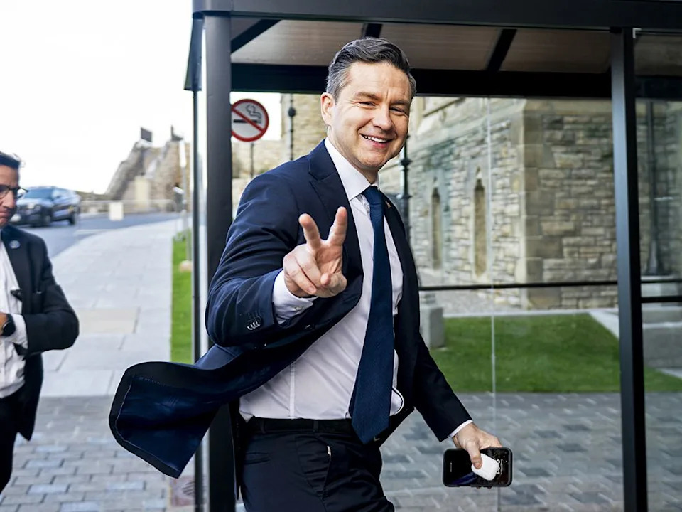 Conservative Party Leader Pierre Poilievre arrives on Parliament Hill in Ottawa, on Tuesday, Oct. 21, 2025.