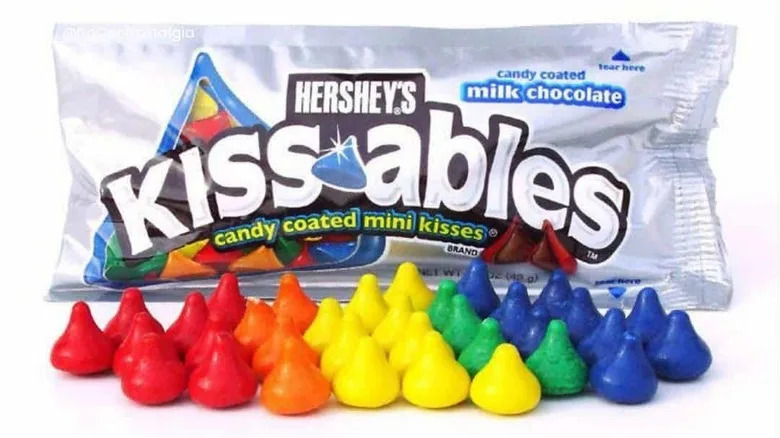 bag of Hershey's Kissables with the candy organized by color in front