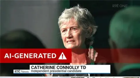 Facebook Catherine Connolly is pictured in a fake video. She has short grey hair. The heads of two other people are visible. There is a red warning label on the photo that reads AI generated. There is also a news box with her name and description. It is labelled as RTE news. 