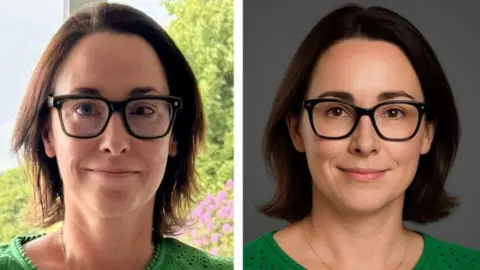 Naomi Bowman Two pictures of a woman with glasses and short brown hair. On the left is the real picture of her and on the right is one that AI created of her that evened out her eye