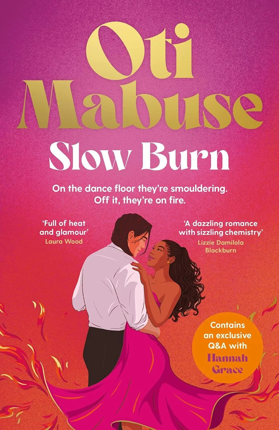 The front cover of the book Slow Burn by Oti Mabuse, featuring a man and woman dancing at sunset, with flames emanating from the woman's skirt