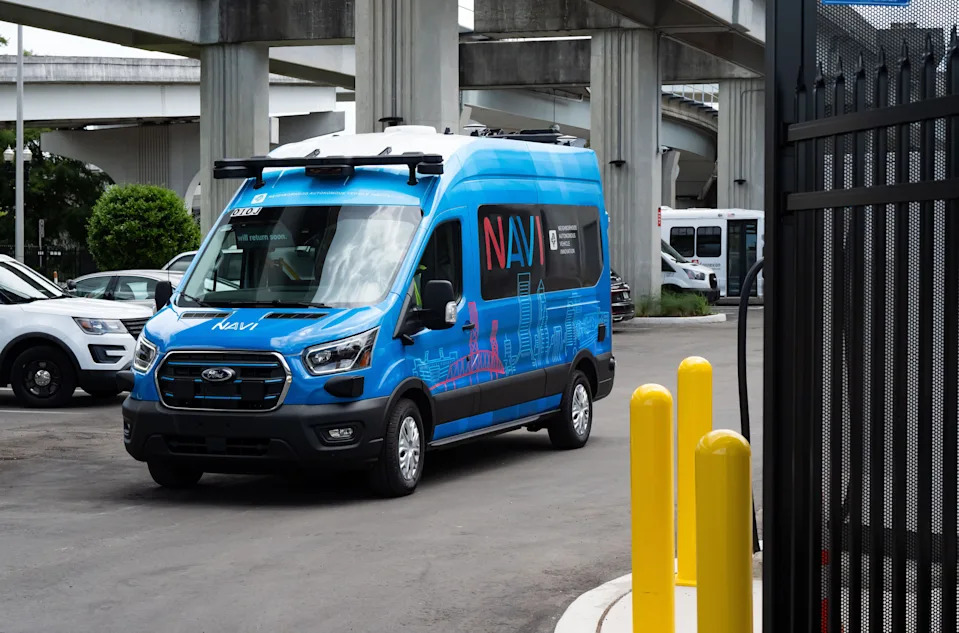 A NAVI shuttle leaves the Jacksonville Transportation Authority's command center for the vehicles that are designed to become autonomous at some point in the future without any on-board drivers controlling them.