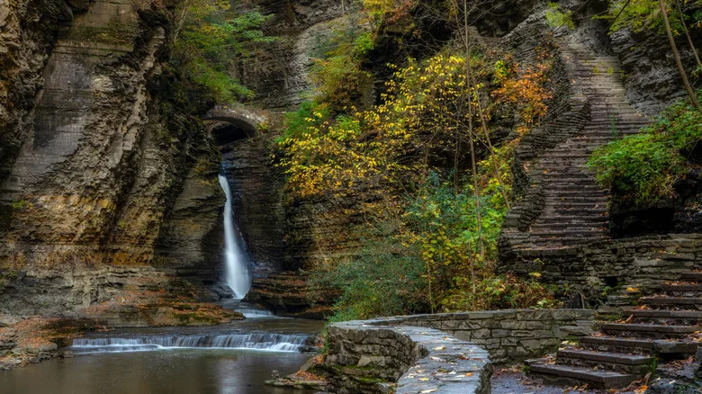A waterfall and mossy cliffs in Watkins Glen State Park