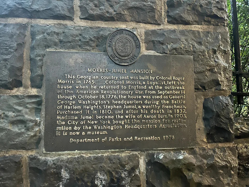 A plaque at Morris-Jumel Mansion.