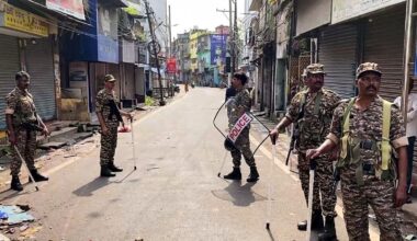 Heavy police force deployed after a clash erupts during Durga Puja immersion, in Cuttack, on Saturday.