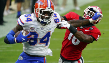 Pitts stiff arms defender