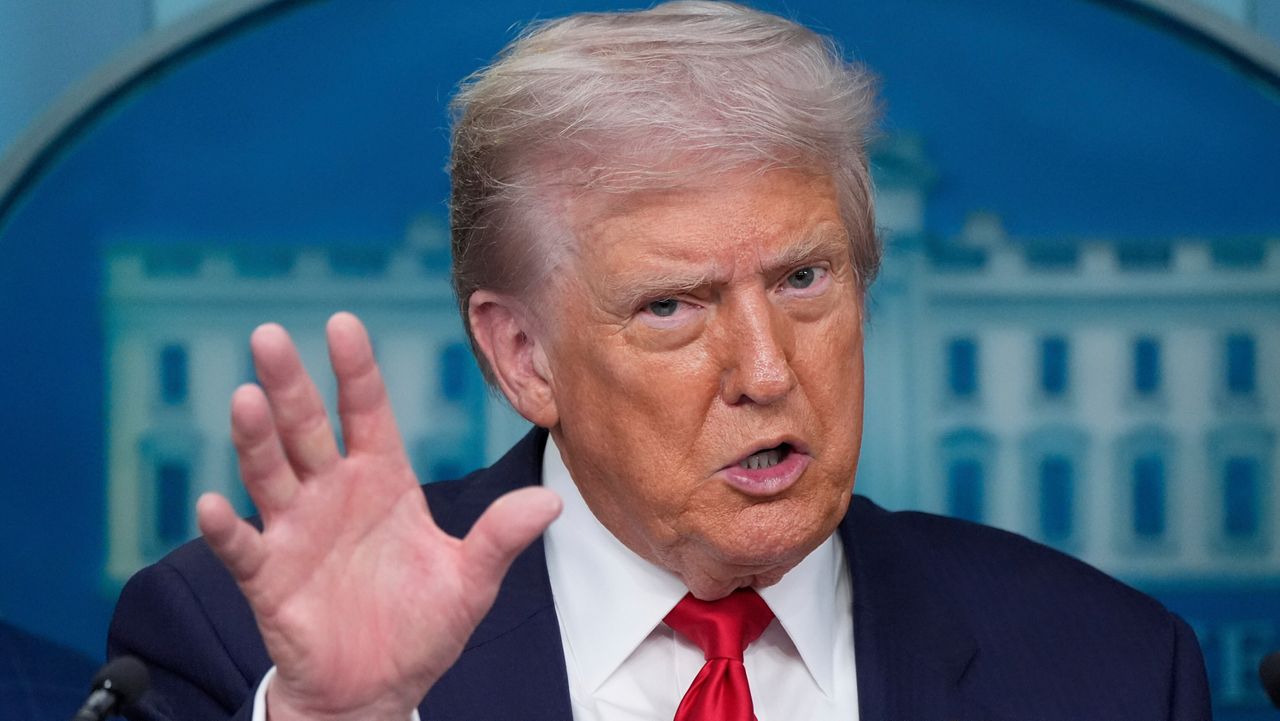 President Donald Trump speaks with reporters in the James Brady Press Briefing Room at the White House, Monday, Aug. 11, 2025, in Washington. (AP Photo/Alex Brandon)