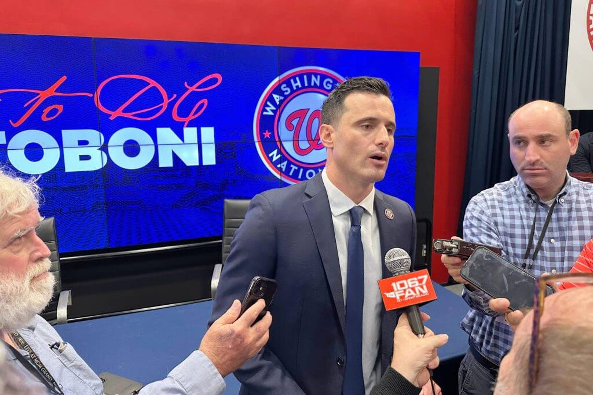 Paul Toboni, the Washington Nationals' new president of baseball operations, speaks to reporters after his introductory news conference on Oct. 1, 2025.
