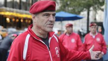 In this Aug. 12, 2015, file photo, Guardian Angels founder Curtis Sliwa responds to questions during a news interview in New York.