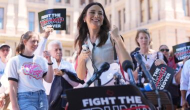 Texas state Rep. Gina Hinojosa, D-Austin, speaks during a rally to protest against redistricting hearings at the Texas Capitol, July 24, 2025, in Austin, Texas. (AP Photo/Eric Gay)