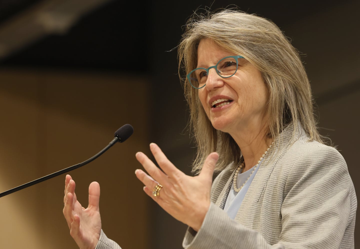 MIT President Sally Kornbluth answered a question during a press conference in 2022.