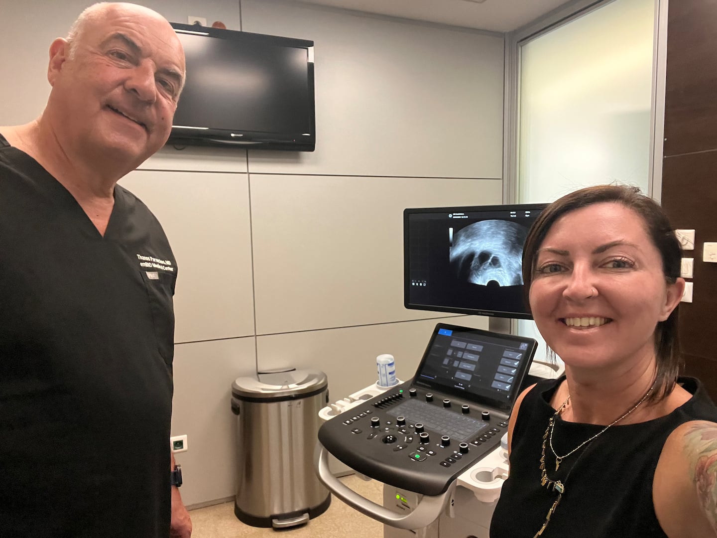 Kristin Torres got a final scan before her egg retrieval with her doctor, Dr. Thanos Paraschos, in Greece.